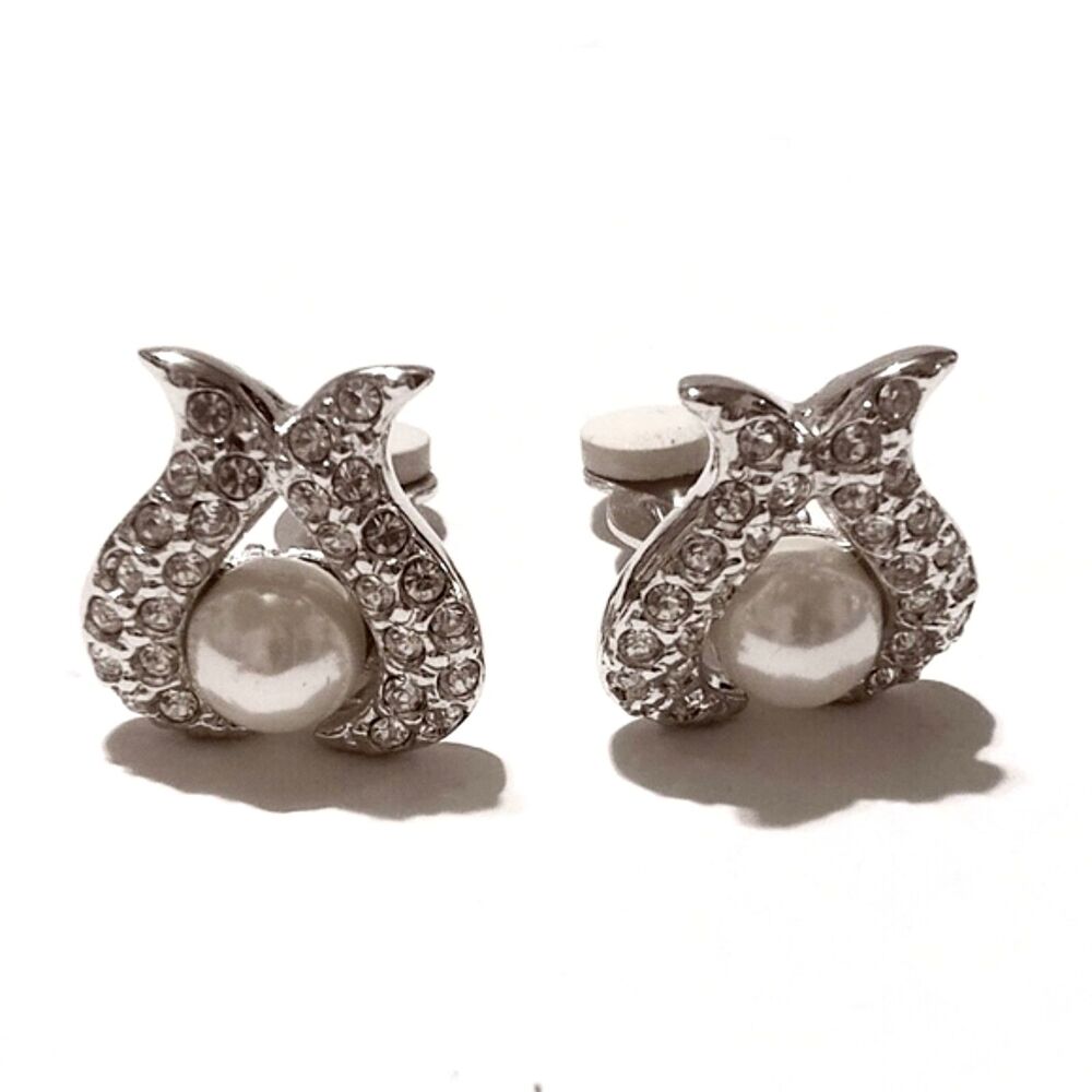 Vintage Faux Pearl Silver-Tone Pavé Rhinestone Clip-On Earrings